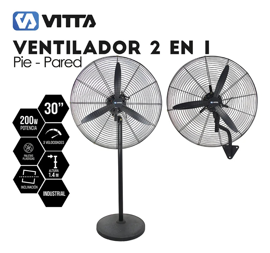 Ventilador Industrial 30'' Vitta 2 En 1 Pie/ Pared 200w 3 76.2 Cm Negro Plástico 3
