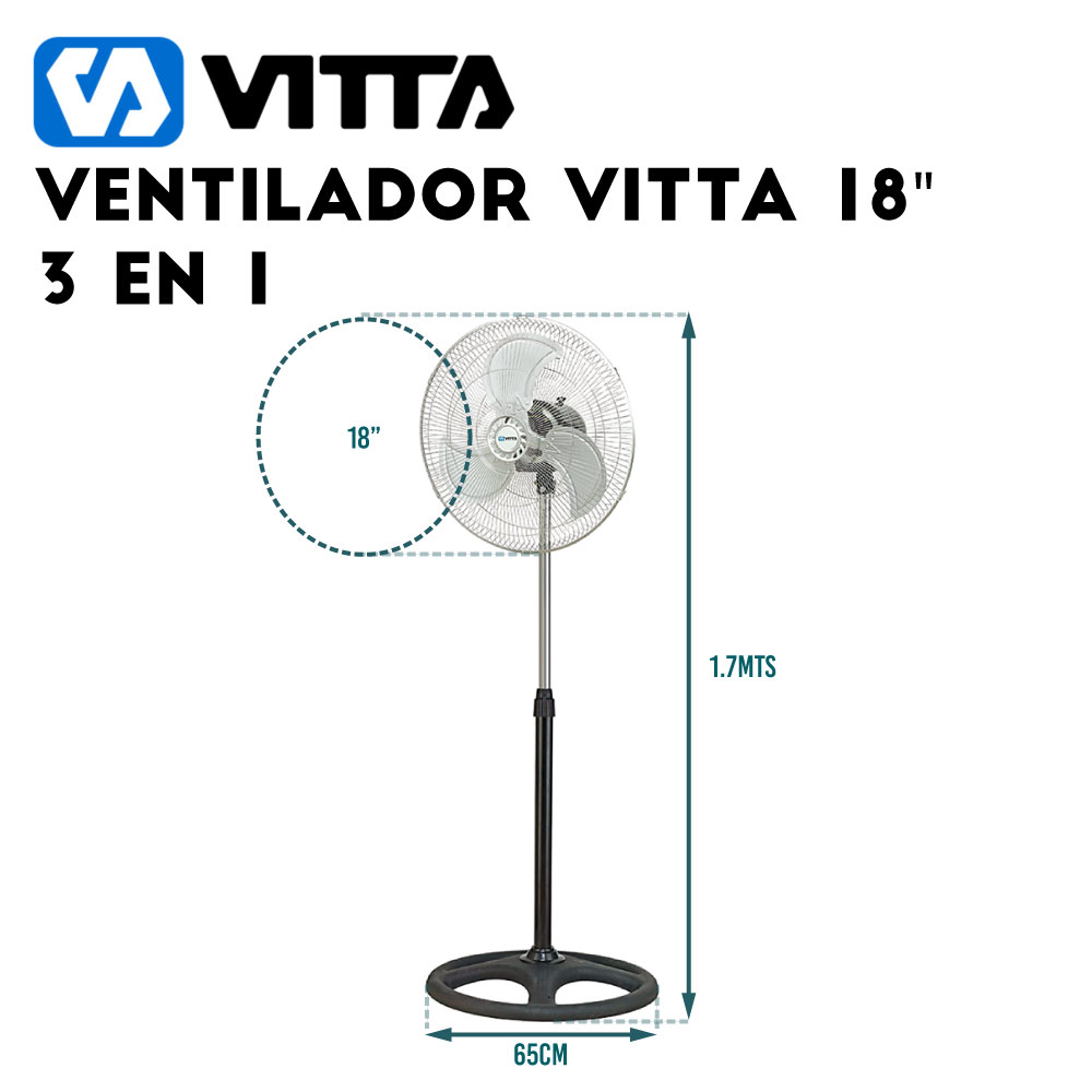 Ventilador Vitta 3 En 1 Pie Pared Piso 18 Pulgadas 90W 3 Vel