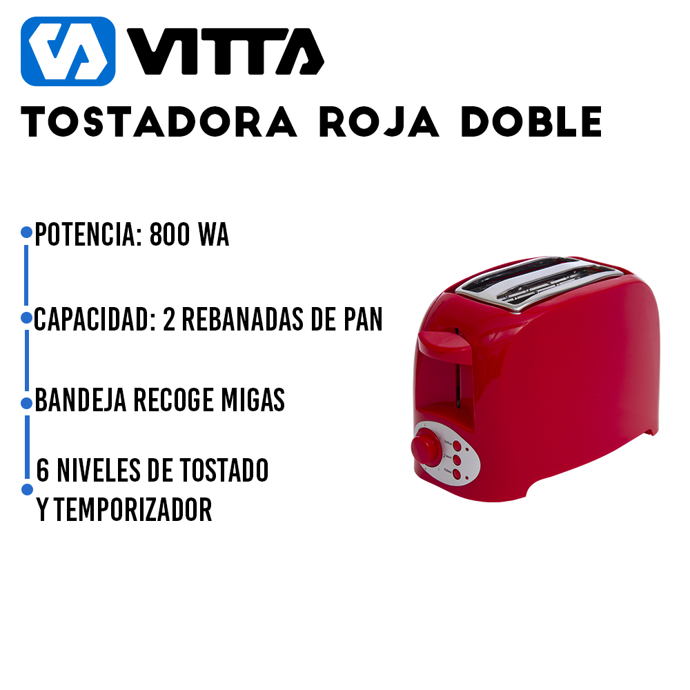 Tostadora Eléctrica Vitta 2 Panes 6 Niveles Tostado 800W