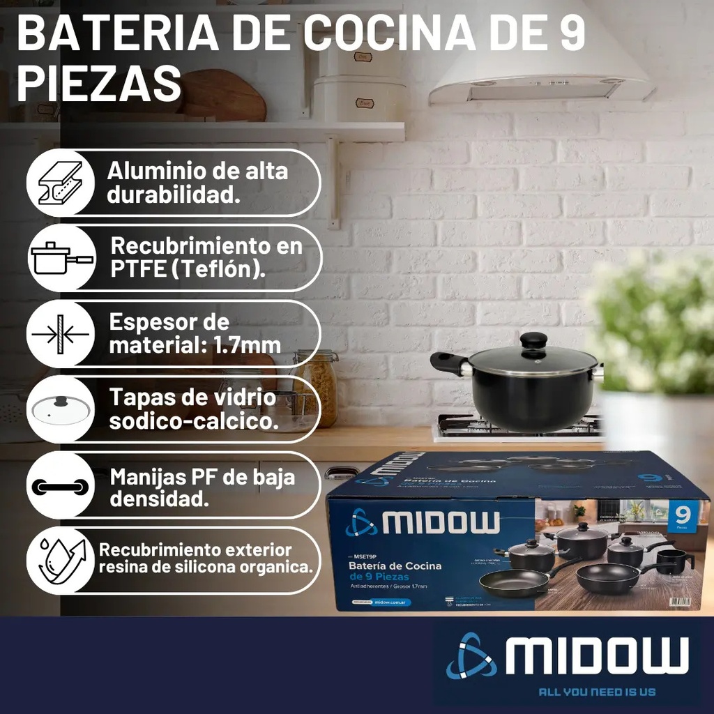 Bateria De Cocina 9 Piezas Midow Set Ollas Sarten Wok Teflon Negro