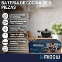 Bateria De Cocina 9 Piezas Midow Set Ollas Sarten Wok Teflon Negro