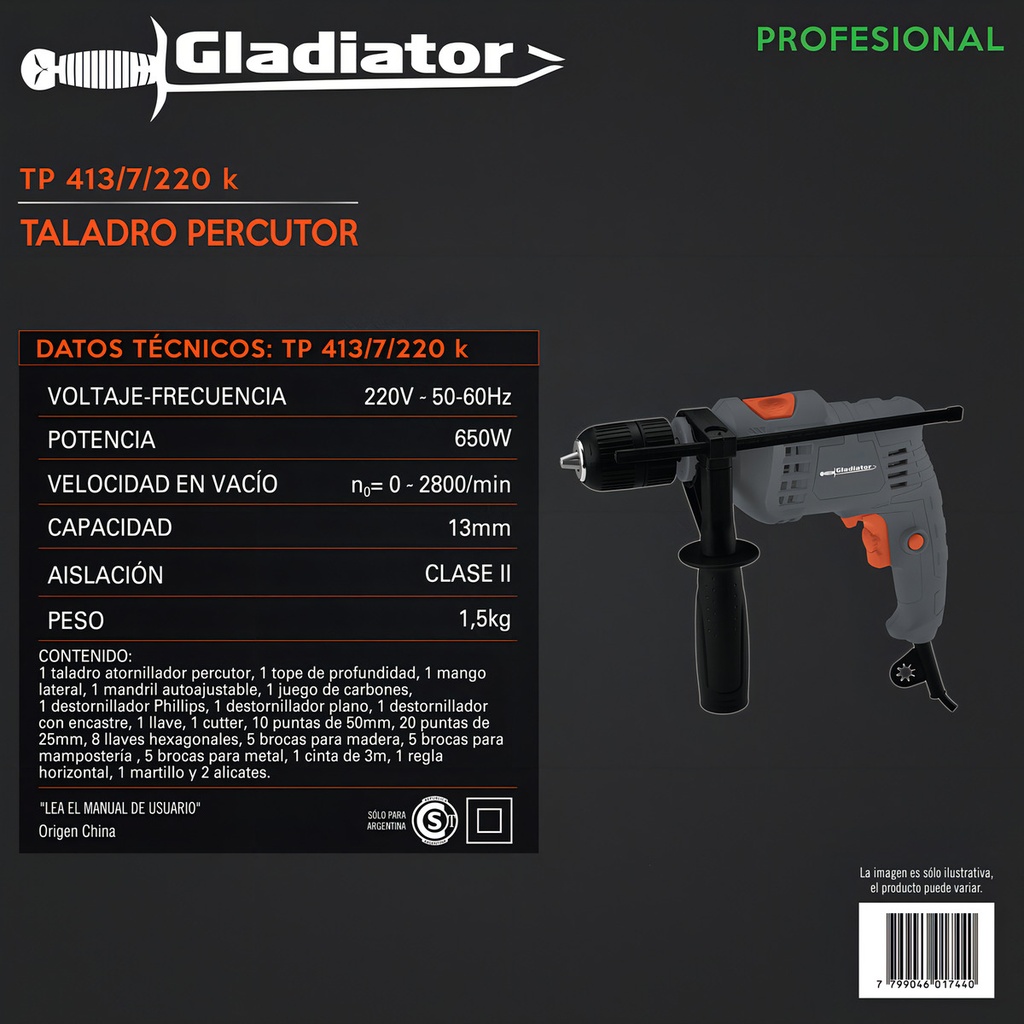 Taladro Percutor 13mm 650w + Kit Herramientas 122pcs+maletin