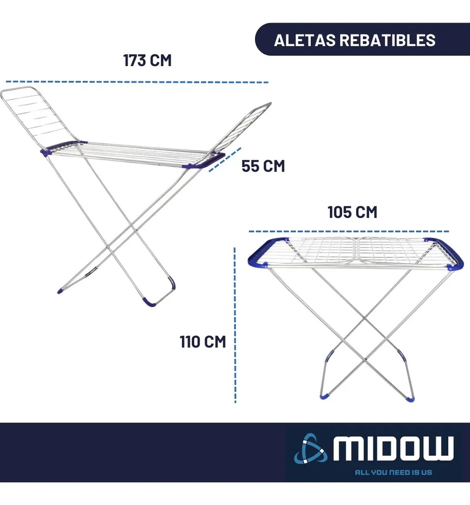 Tender Horizontal De Aluminio Aletas Plegables 173cm Midow Plateado