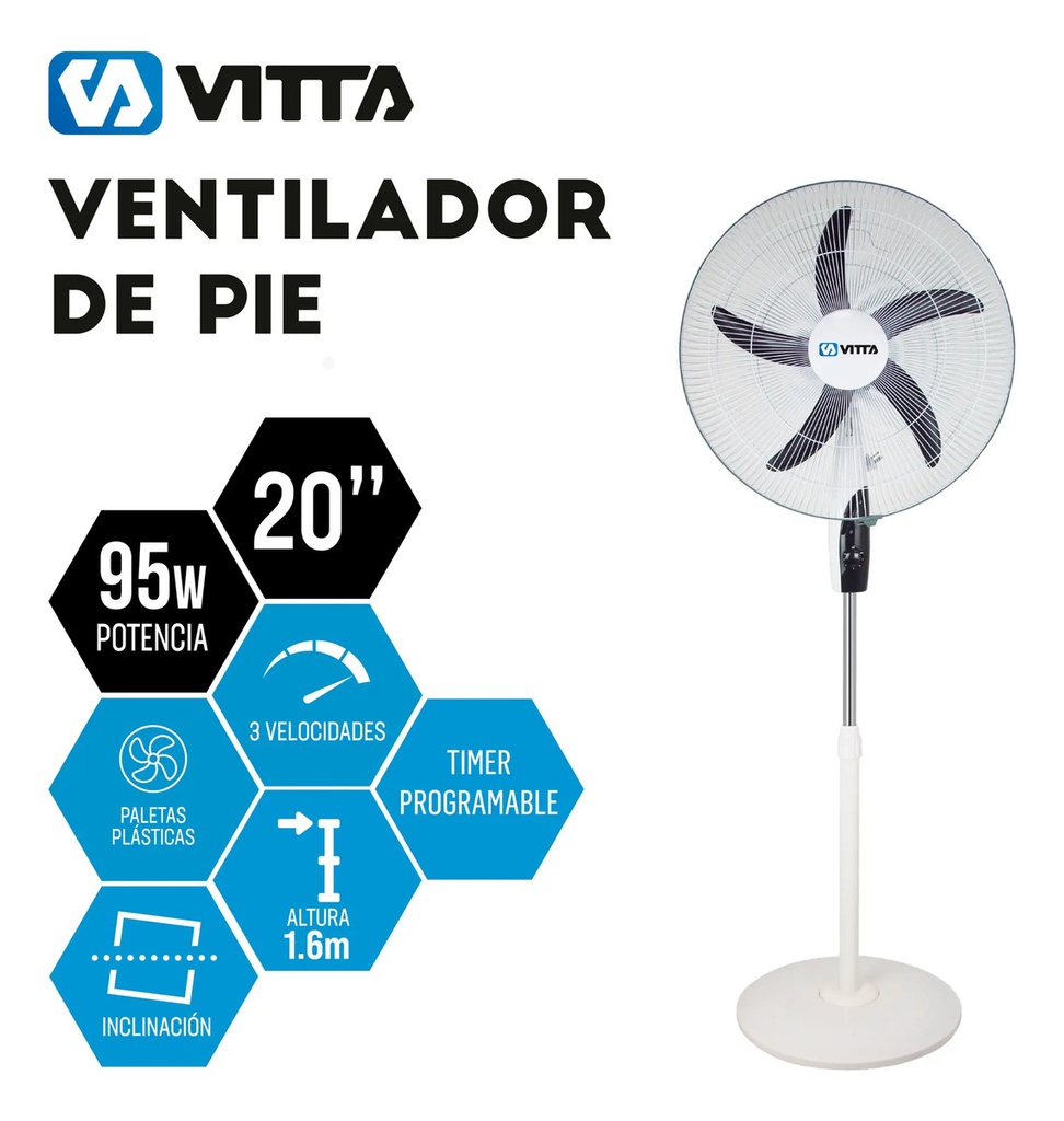 Ventilador De Pie - 20 P Vitta 3 Velocidades Timer 95w 50 Cm 50 Blanco Negro Plástico 5