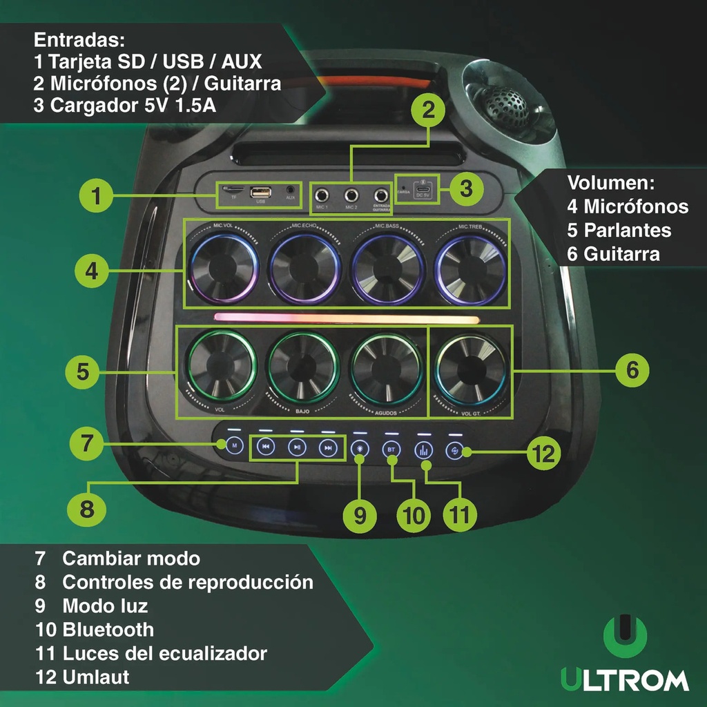 Torre De Sonido Parlante Ultrom Rio 18000w Luces Led 2 X 12  Negro