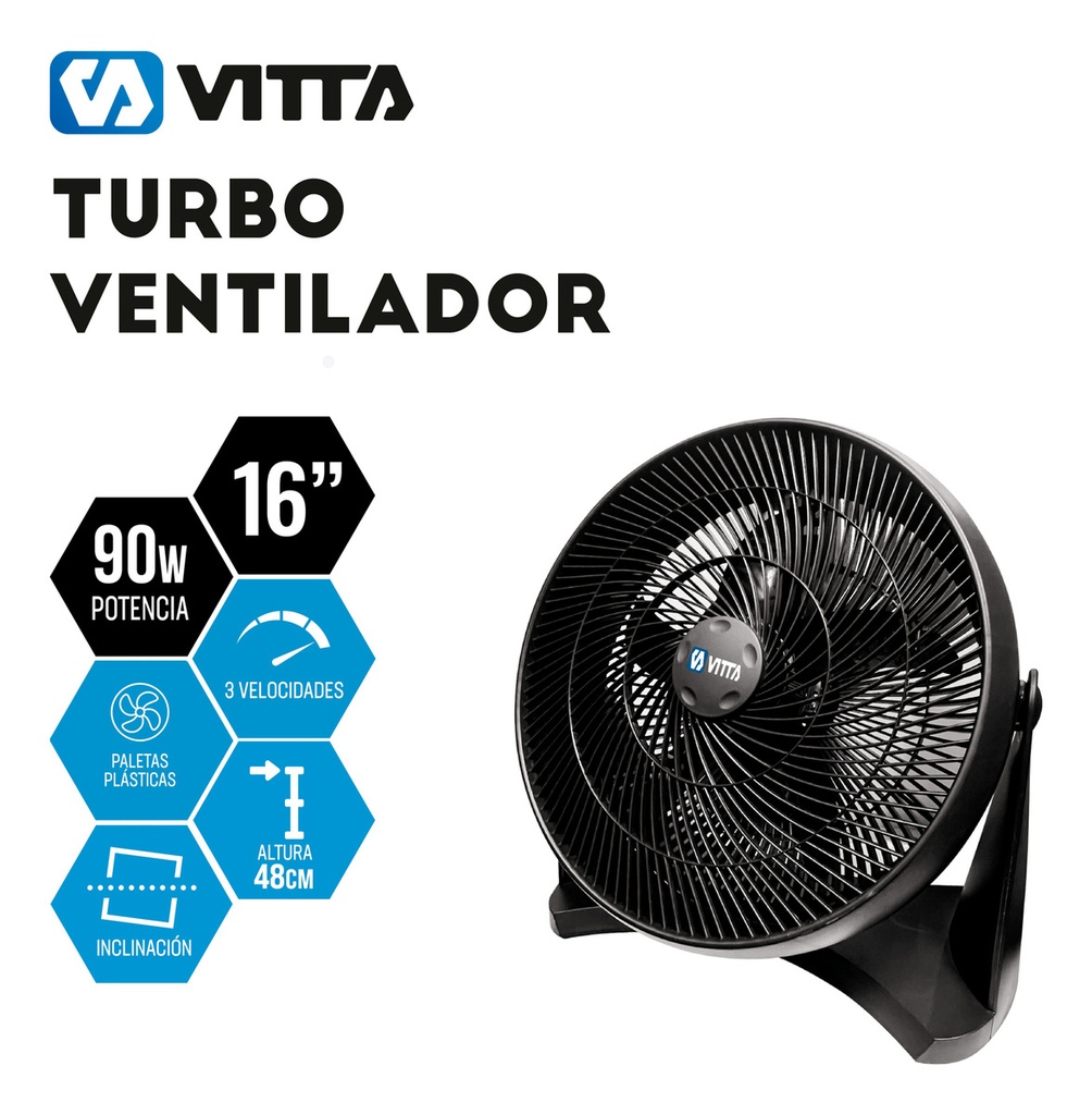 Ventilador Turbo 16 - 90w Vitta Potente 5 Aspas Reclinable. - 40.64 Cm - 50 Hz - Negro - Negro - Plástico - 5