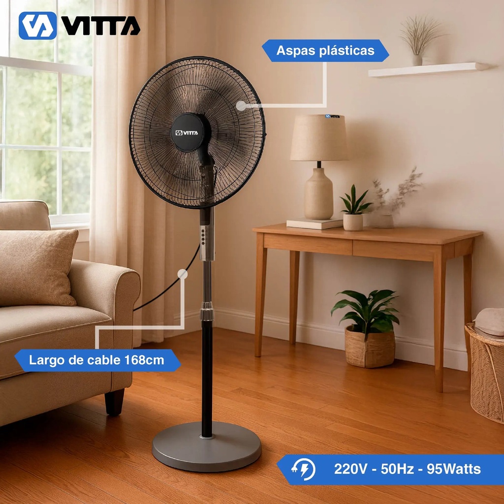 Ventilador De Pie 20 Pulgadas Vitta 3 Vel 95w Control Remoto 50 Cm 50 Cromado Negro Plástico 5