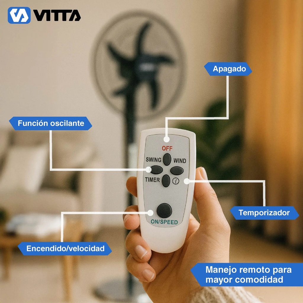 Ventilador De Pie 20 Pulgadas Vitta 3 Vel 95w Control Remoto 50 Cm 50 Cromado Negro Plástico 5