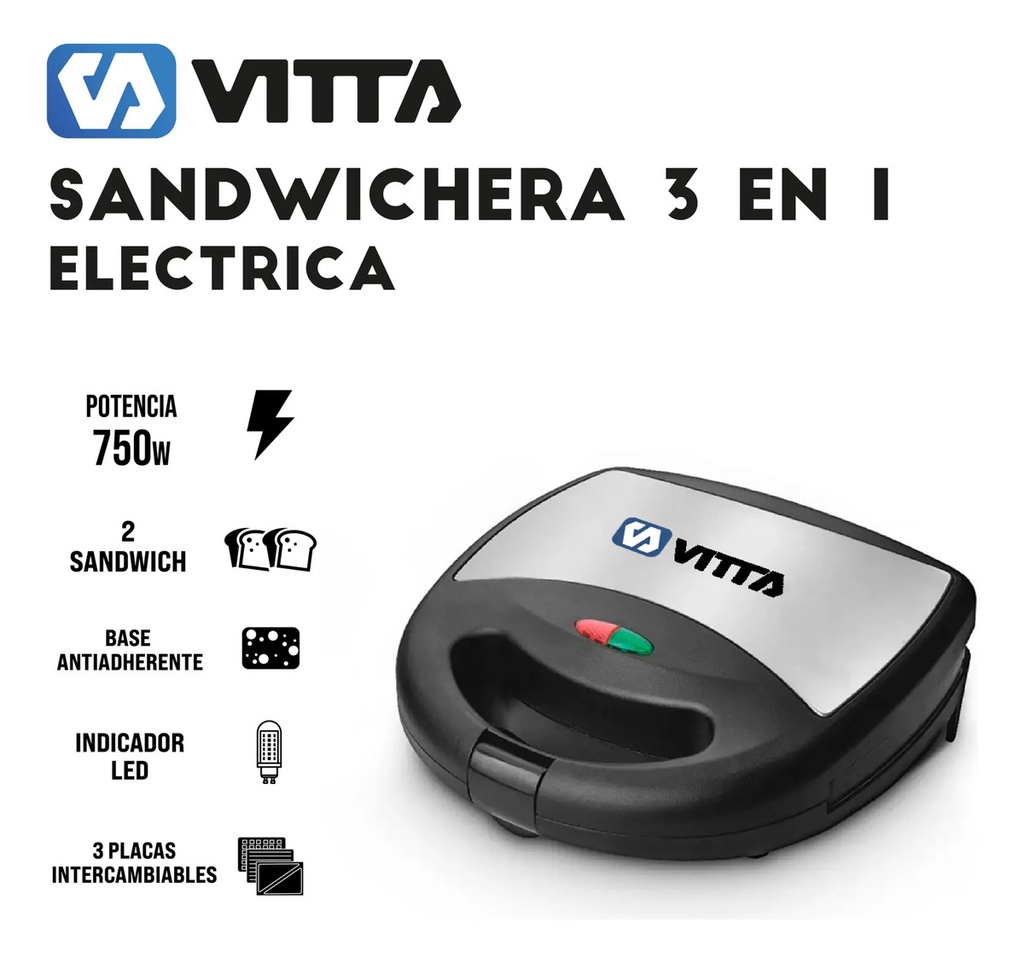 Sandwichera Waflera Grill Tostadora Electrica 3 En 1 Vitta Negro