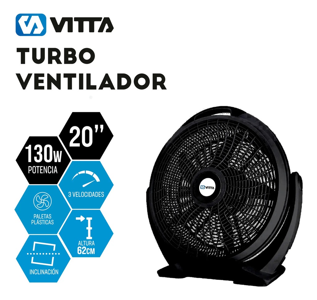 Ventilador Turbo 20  130w Vitta Potente 5 Aspas Reclinable - 50 Cm - 50 - Negro - Negro - Plástico - 5