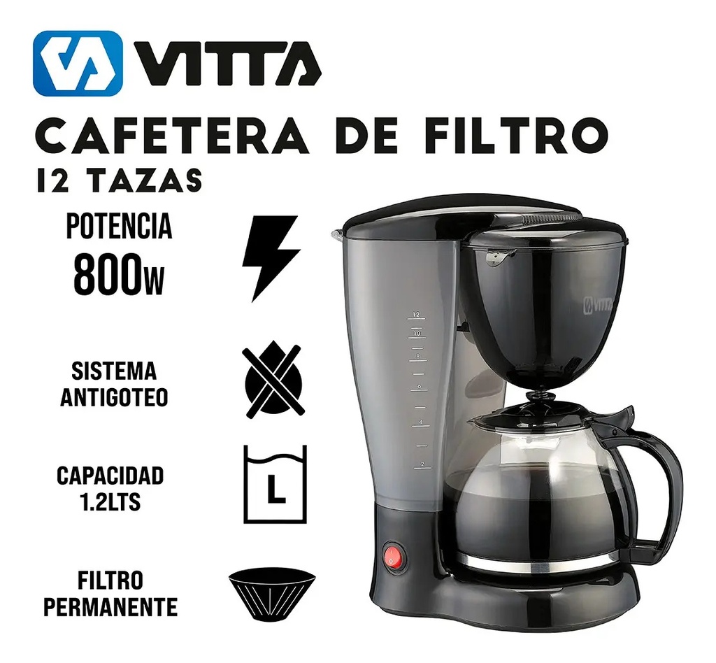 Cafetera De Filtro 12 Tazas 800w Color Negro - Vitta - Negro