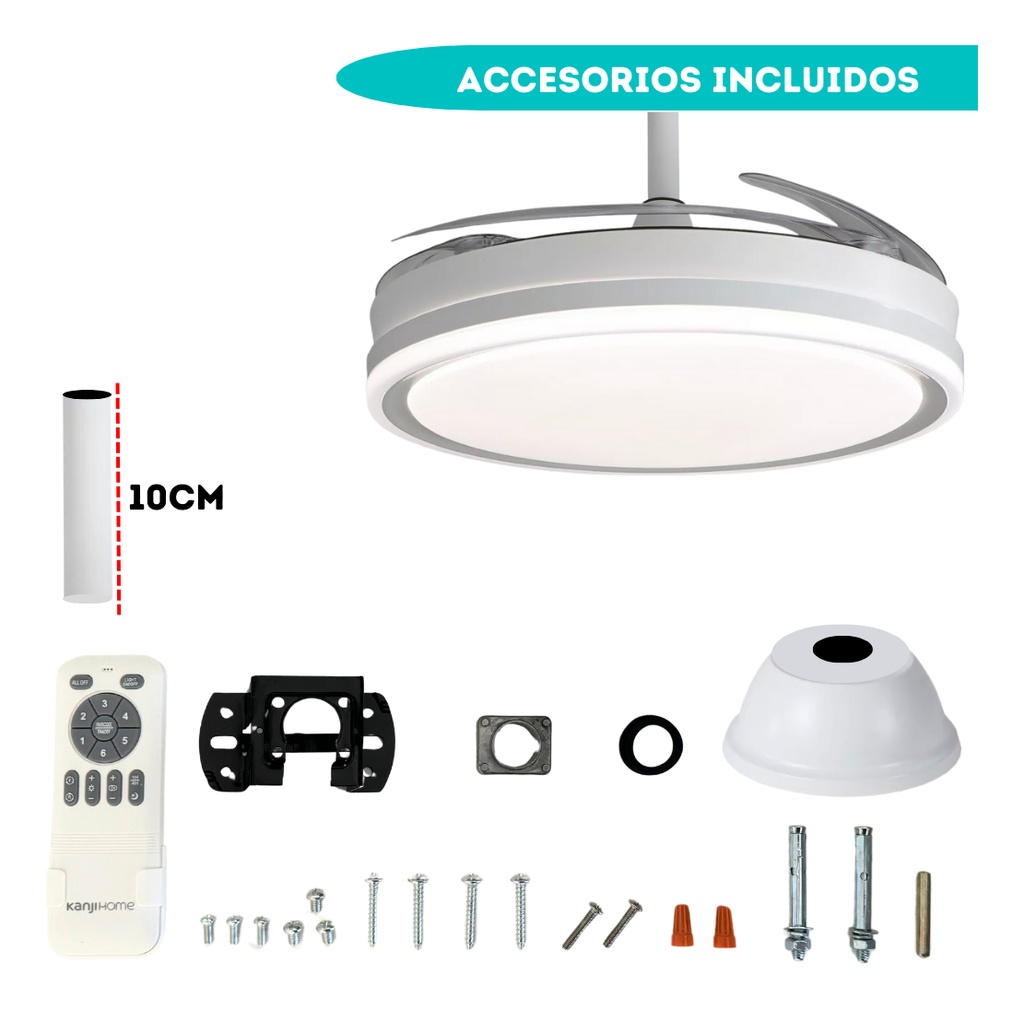 Ventilador De Techo Kanji Retráctil Blanco 4 Aspas 6 Velocid