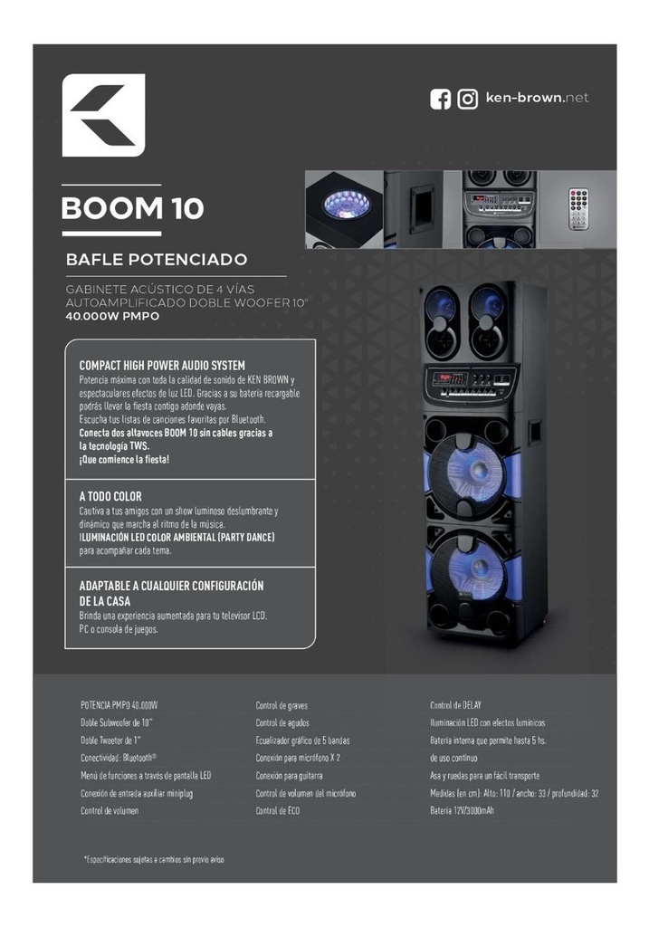 Parlante Portátil Ken Brown Boom 10 Con Bluetooth, Karaoke Y Led, Negro, 40000w Rms, 12v