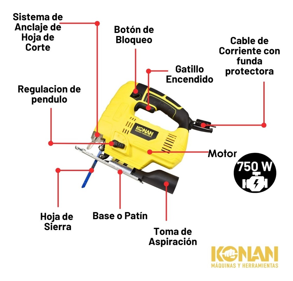 Sierra Caladora De Mano Konan Kscl/750 750w Luz Led Pendular Velocidad Variable