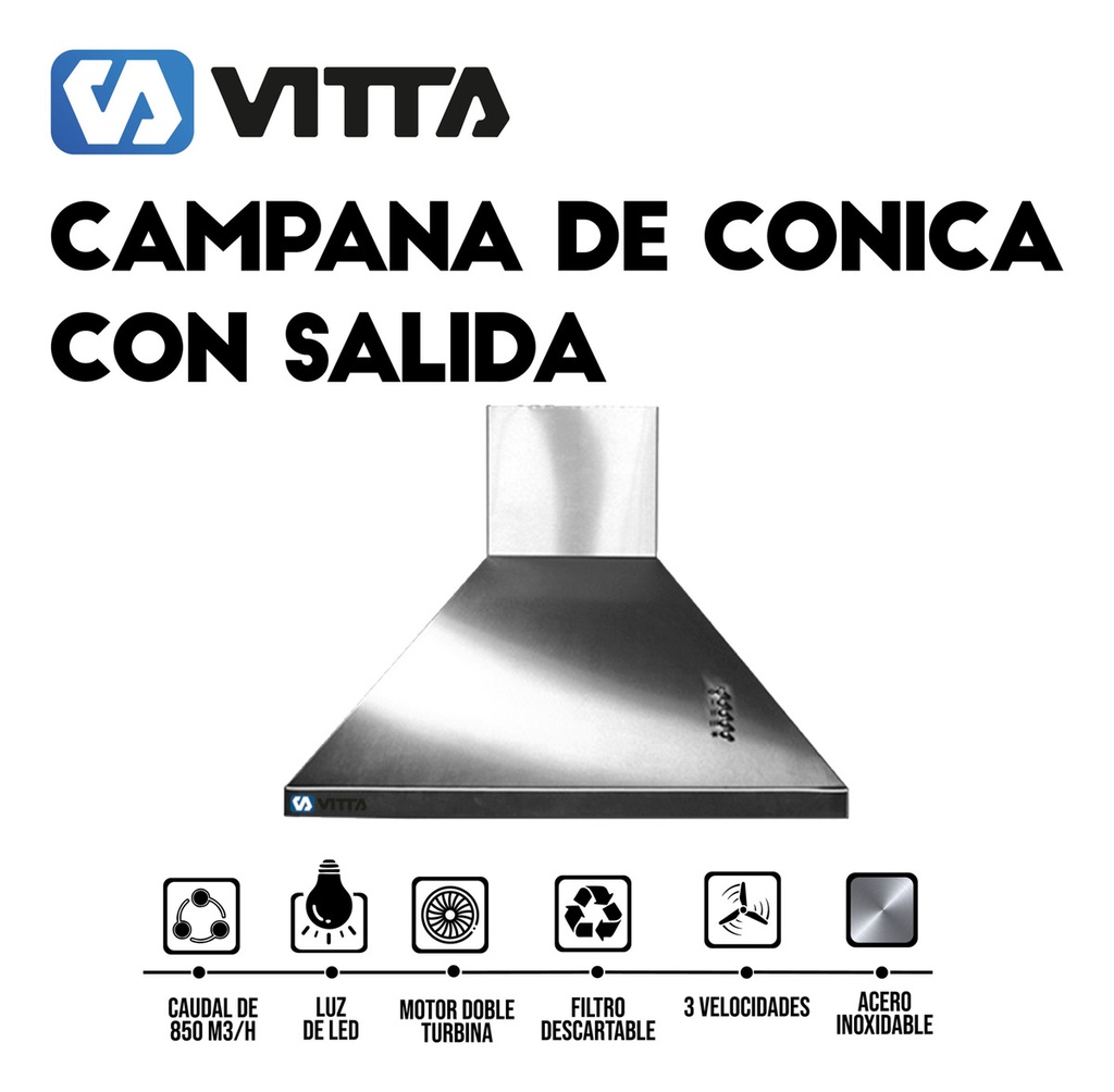 Campana Conica De Cocina C/salida Vitta 90 Cm Acero Plateado