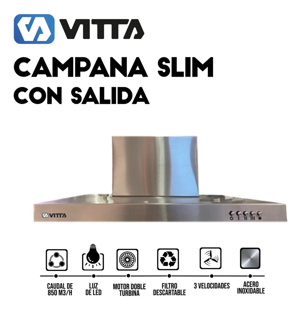 Campana Vitta Slim 3v 60cm C/salida Acero Inoxidable Plateado
