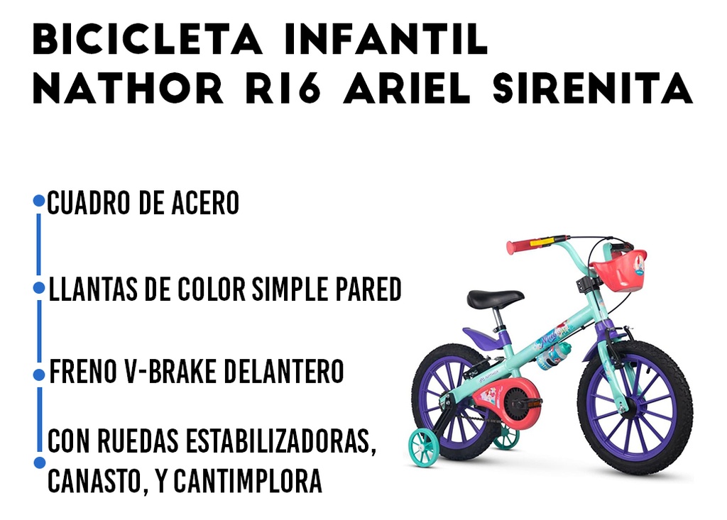 Bicicleta Infantil Nathor R16 Ariel Sirenita Canasto