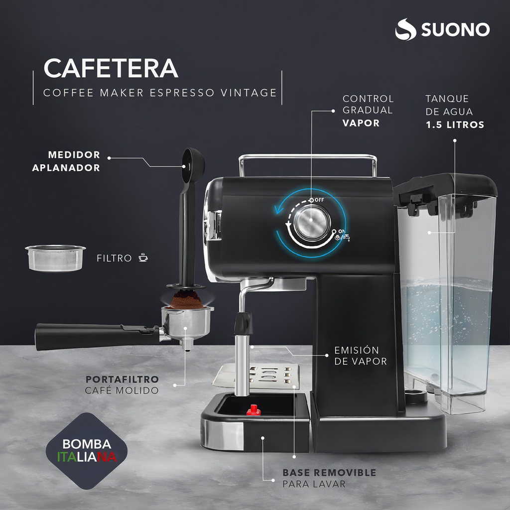 Cafetera Espresso Vintage Suono Negro Espumador