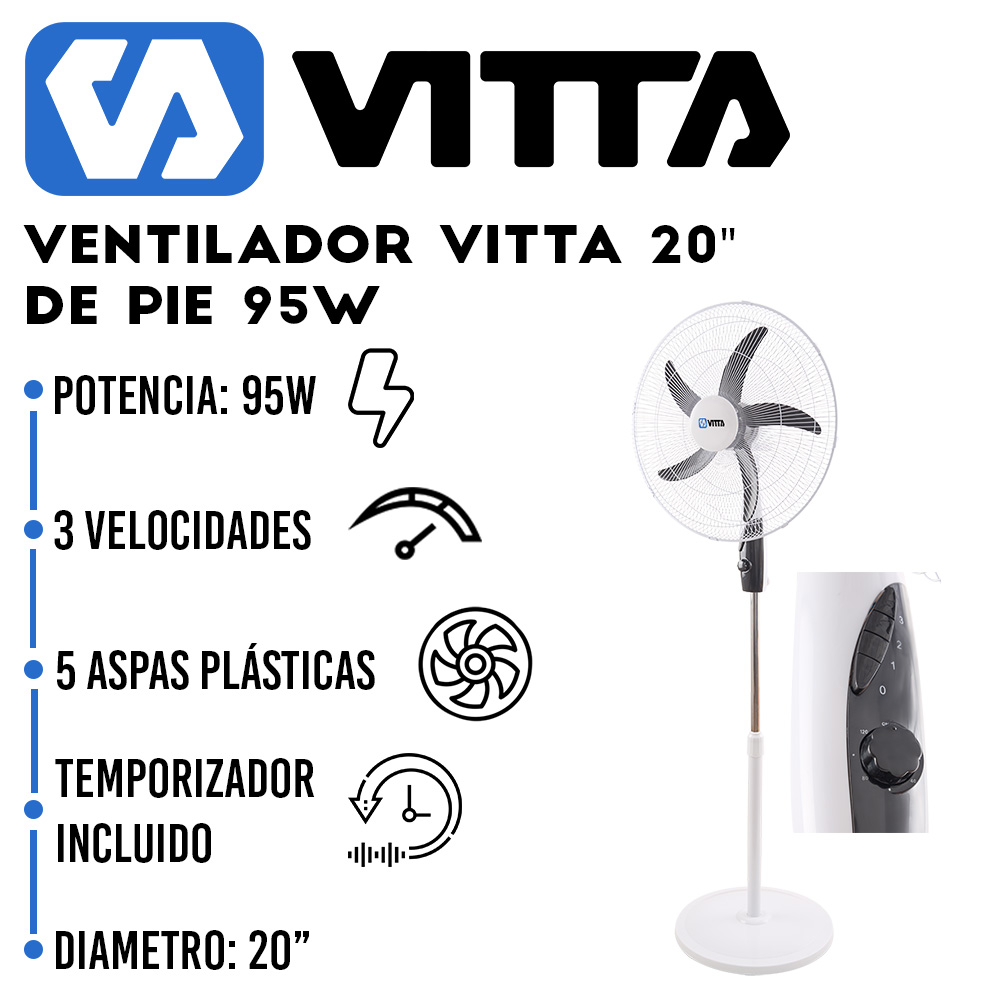 Ventilador De Pie Vitta 20" 3Vel Timer 95W 5 Aspas Plásticas