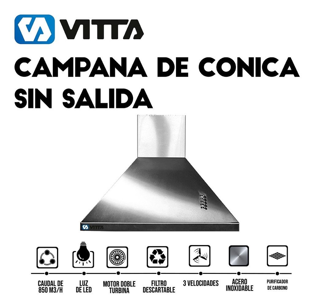 Campana Conica De Cocina Sin Salida 3vel Vitta 90 Cm Acero Plateado