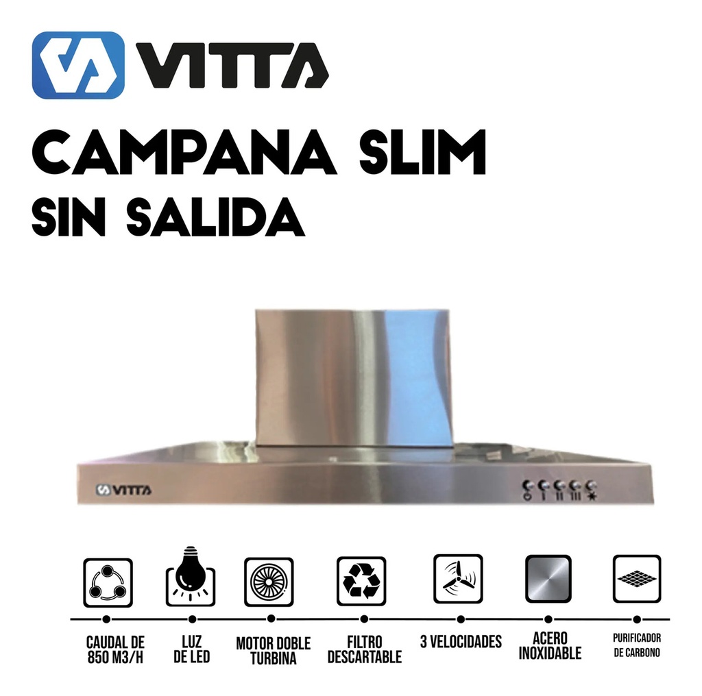 Campana Vitta Slim 3vel 60cm Sin Salida - Acero Inoxidable Plateado