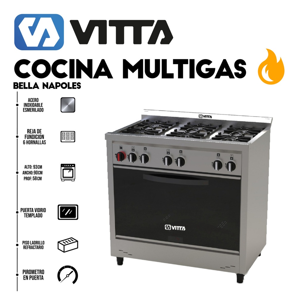 Cocina Vitta Industrial Bella Napoles - Multigas 90 Cm Plateado
