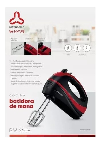 Batidora De Mano Ultracomb Bm-2608 Negra Y Roja 50 Hz 220v