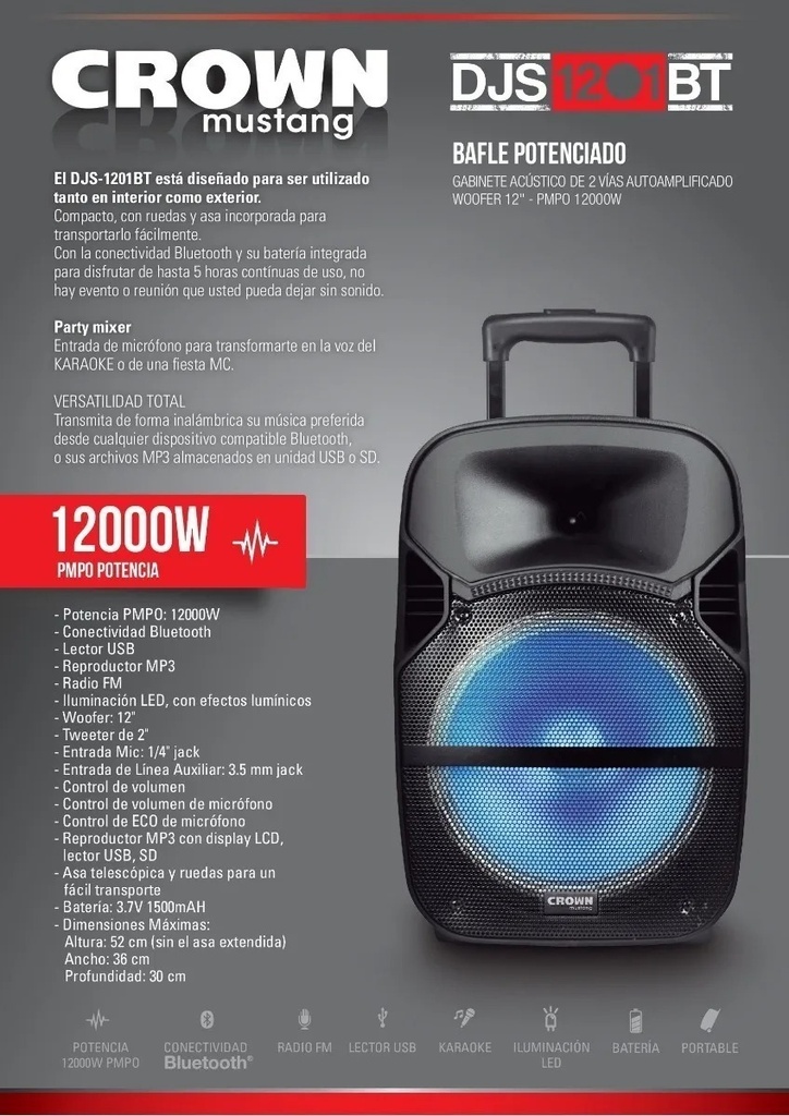 Parlante Bafle Potenciado Crown Mustang Bluetooth Djs-1201bt