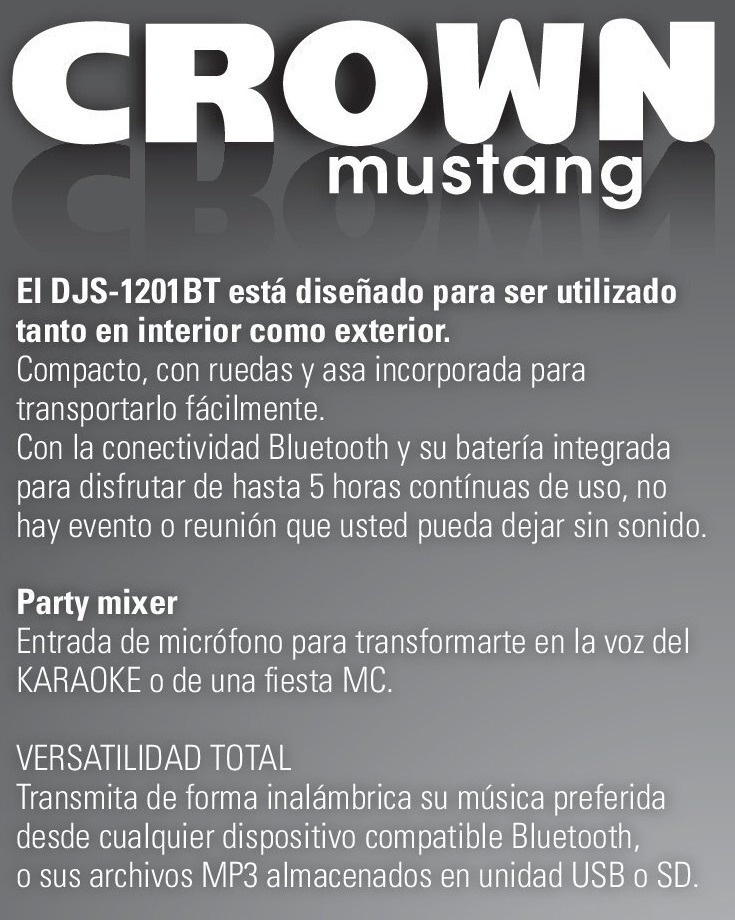 Parlante Bafle Potenciado Crown Mustang Bluetooth Djs-1201bt