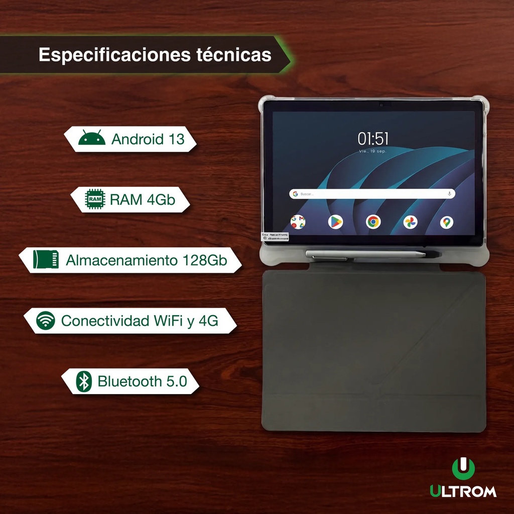 Tablet Ultrom 4gb Ram 128gb Memoria Protector Funda Lapiz Negro