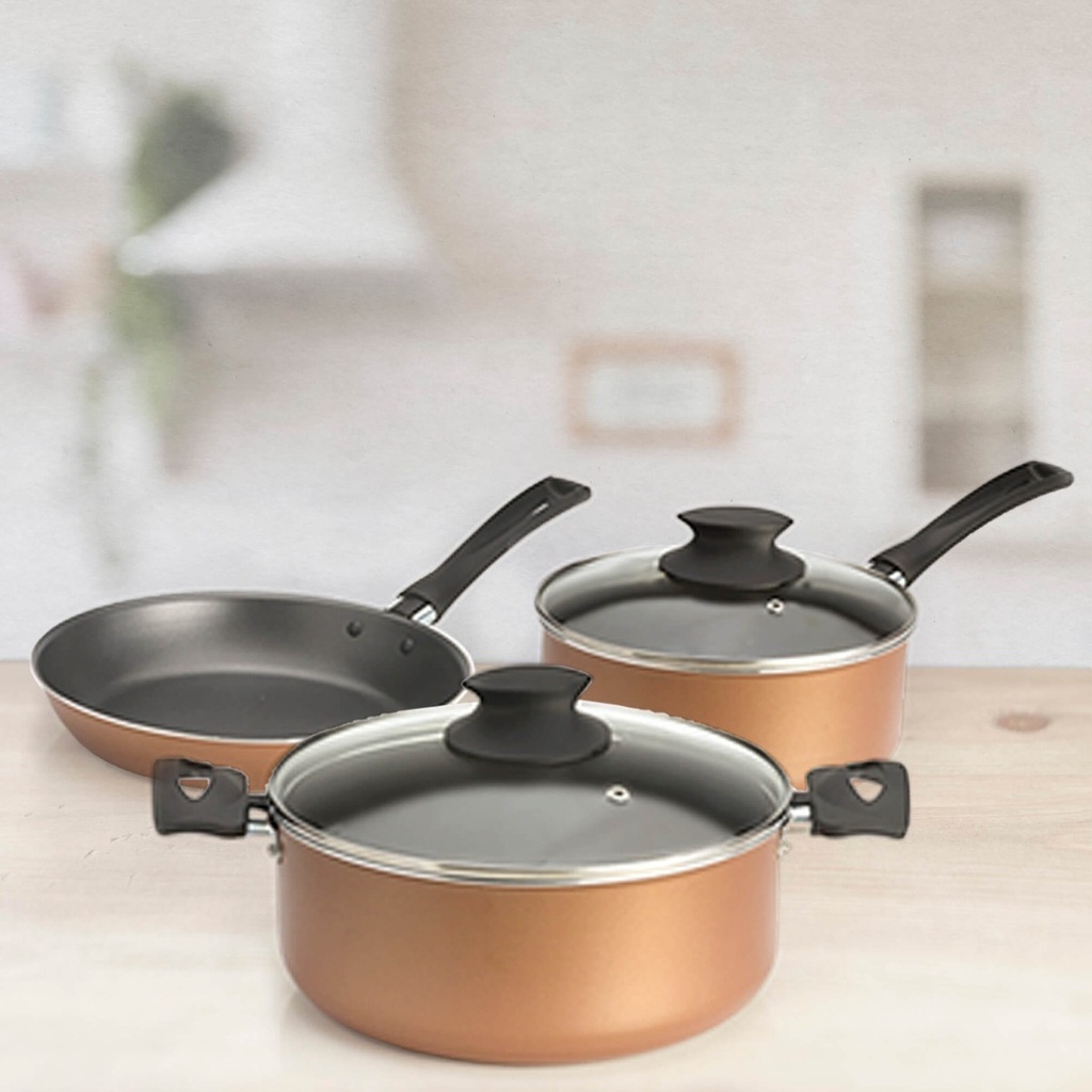Batería De Cocina Set De Ollas + Sartén 3 Piezas Dorado