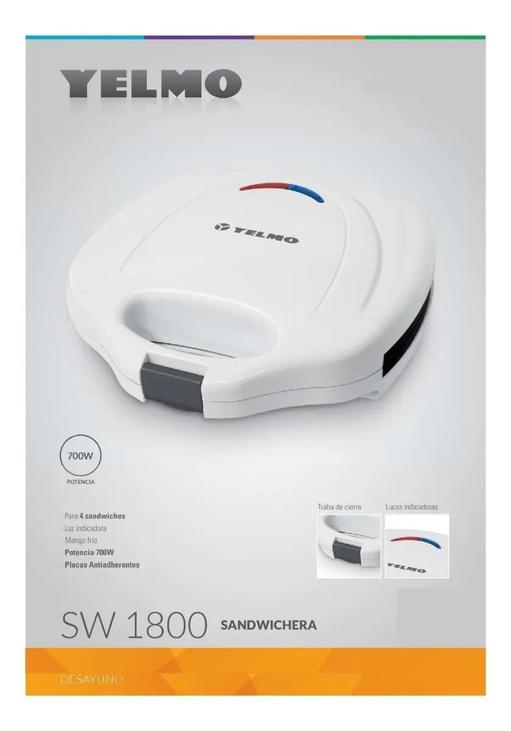 Sandwichera Yelmo - Sw1800 Para 4 Porciones 700 Watts Blanco