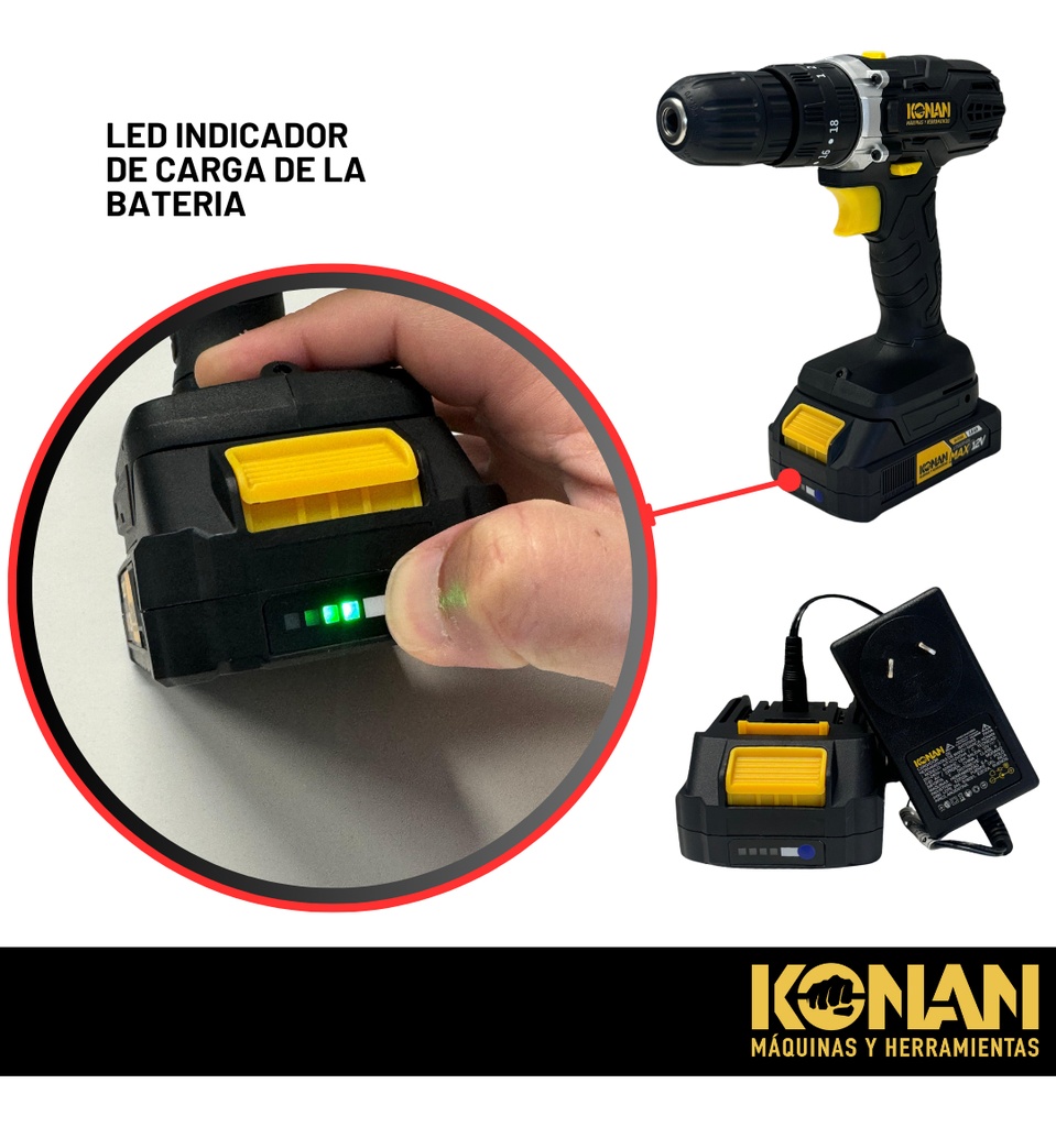 Taladro Atornillador 12v Konan 10mm 2 Baterias Percutor