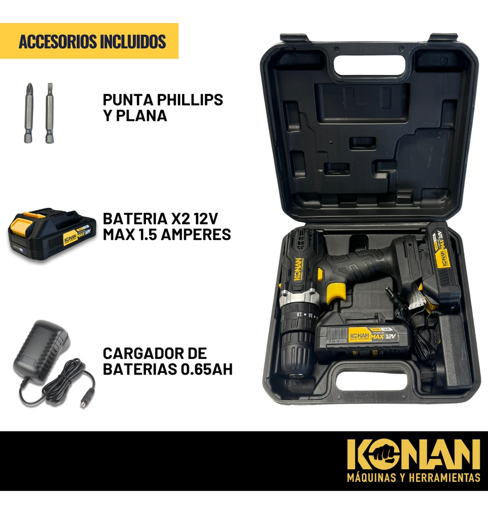 Taladro Atornillador 12v Konan 10mm 2 Baterias Percutor