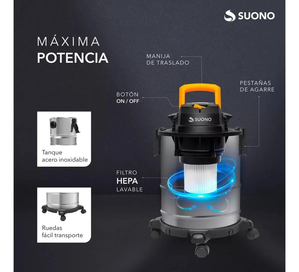 Aspiradora De Tacho Suono Hogar Polvo Sopladora - 15l Plateado