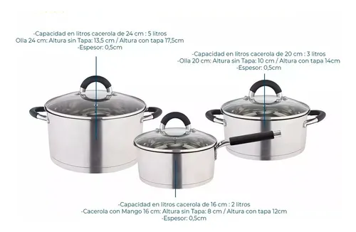 Juego 3 Ollas Acero Inoxidable Triple Fondo Hudson 6