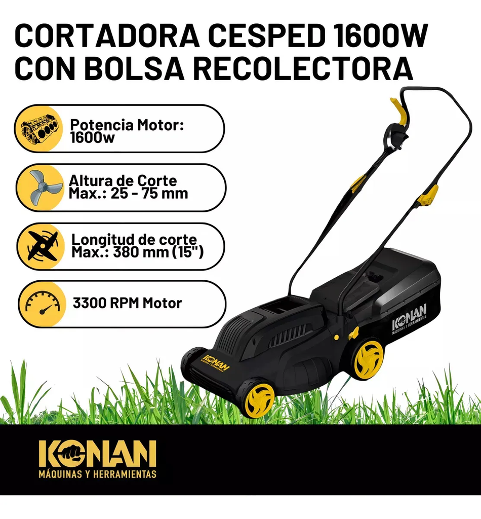 Cortadora Césped Konan 1600w 1hp Con Bolsa Recolectora 38 Cm