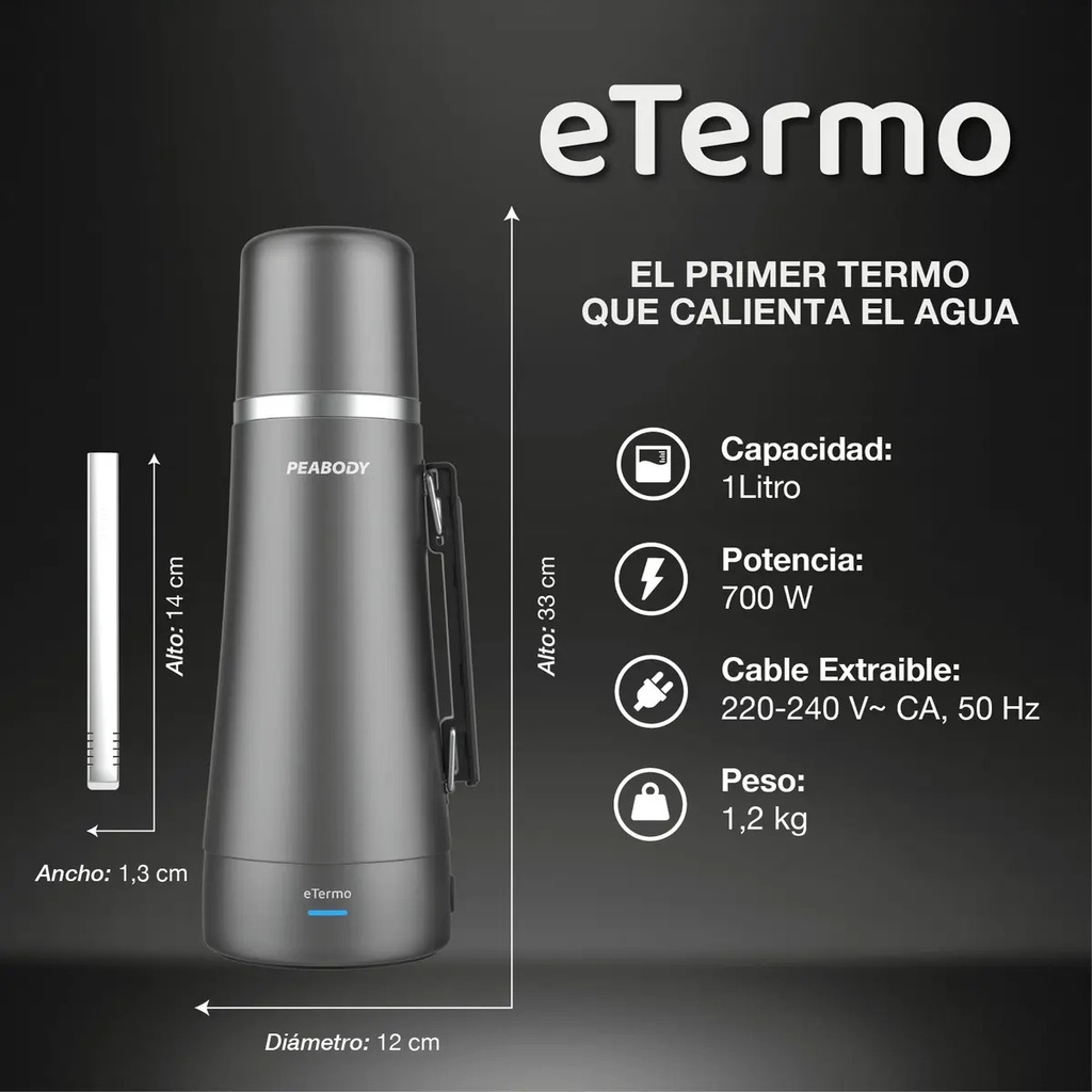 Termo Electrico Peabody Et1001d E-termo 1 Litro Mate Bombilla P1 Gris Oscuro