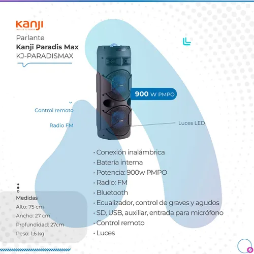 Parlante Portátil Kanji Paradis Max 900W Micrófono Radio FM