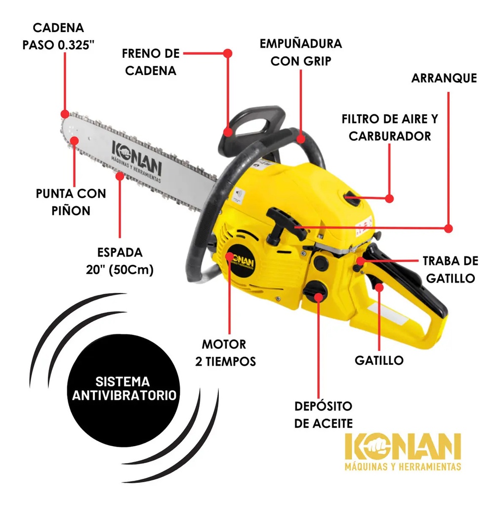 Motosierra 20  Potencia 3.0 Hp 2.2 Kw 7000 Rpm Konan Profesional