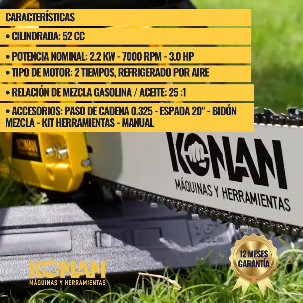 Motosierra 20  Potencia 3.0 Hp 2.2 Kw 7000 Rpm Konan Profesional