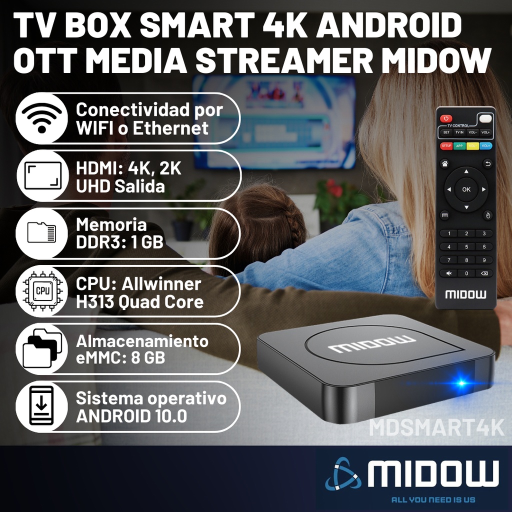 Tv Box Smart 4k Android Midow Wifi Ethernet Convertidor Ott Media Streamer Control Remoto Hdmi Netflix Youtube
