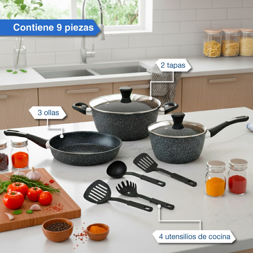 Bateria De Cocina Kanji Gourmet 9 Piezas Antiadherente Mármol Negro 