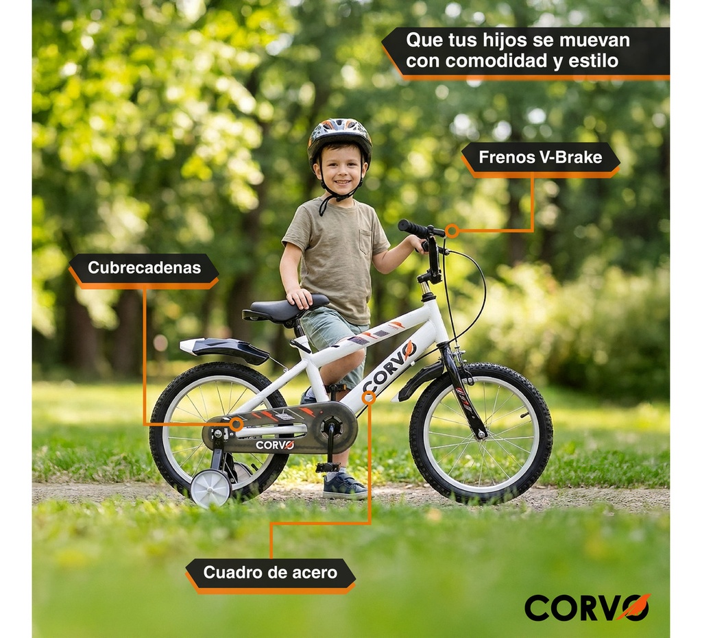 Bicicleta Infantil Corvo Rodado 16 de Acero color Blanco C/ Rueditas 
