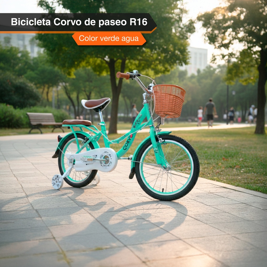 Bicicleta Infantil Corvo Rodado 16 de Acero color Verde Agua C/ Rueditas