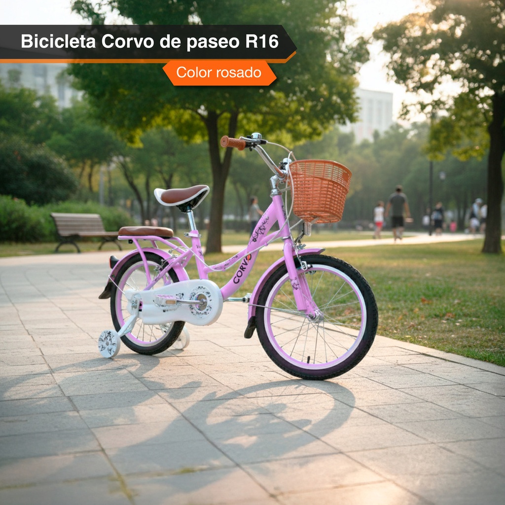 Bicicleta Infantil Corvo Rodado 16 de Acero color Rosa C/ Rueditas 