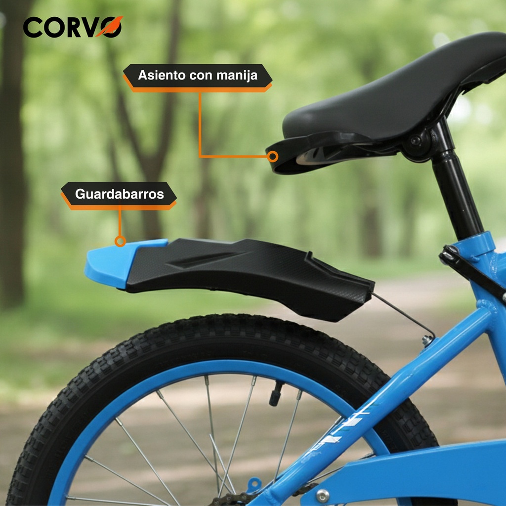 Bicicleta Infantil Corvo Rodado 16 de Acero color Celeste C/ Rueditas