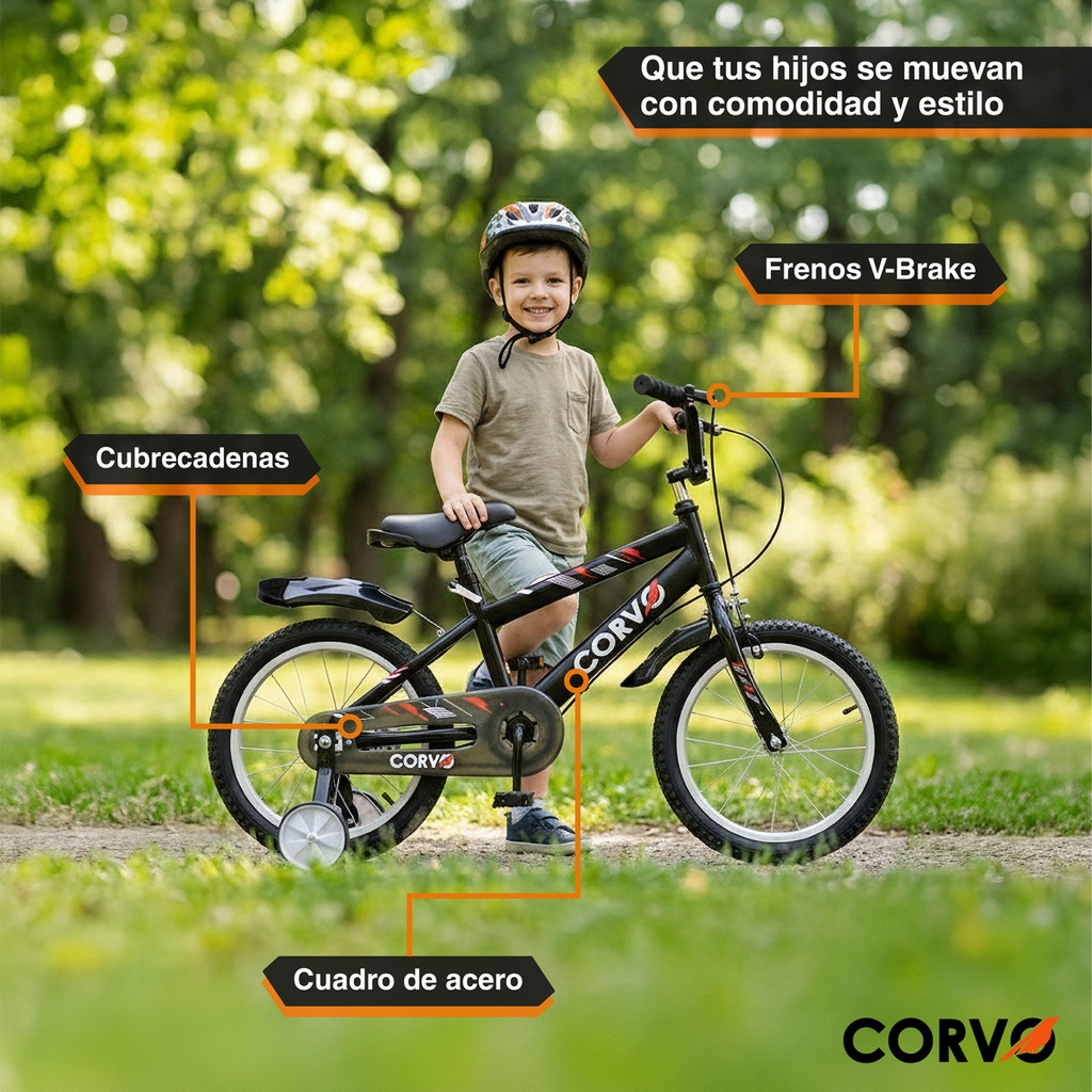 Bicicleta Infantil Corvo Rodado 16 de Acero color Negro C/ Rueditas
