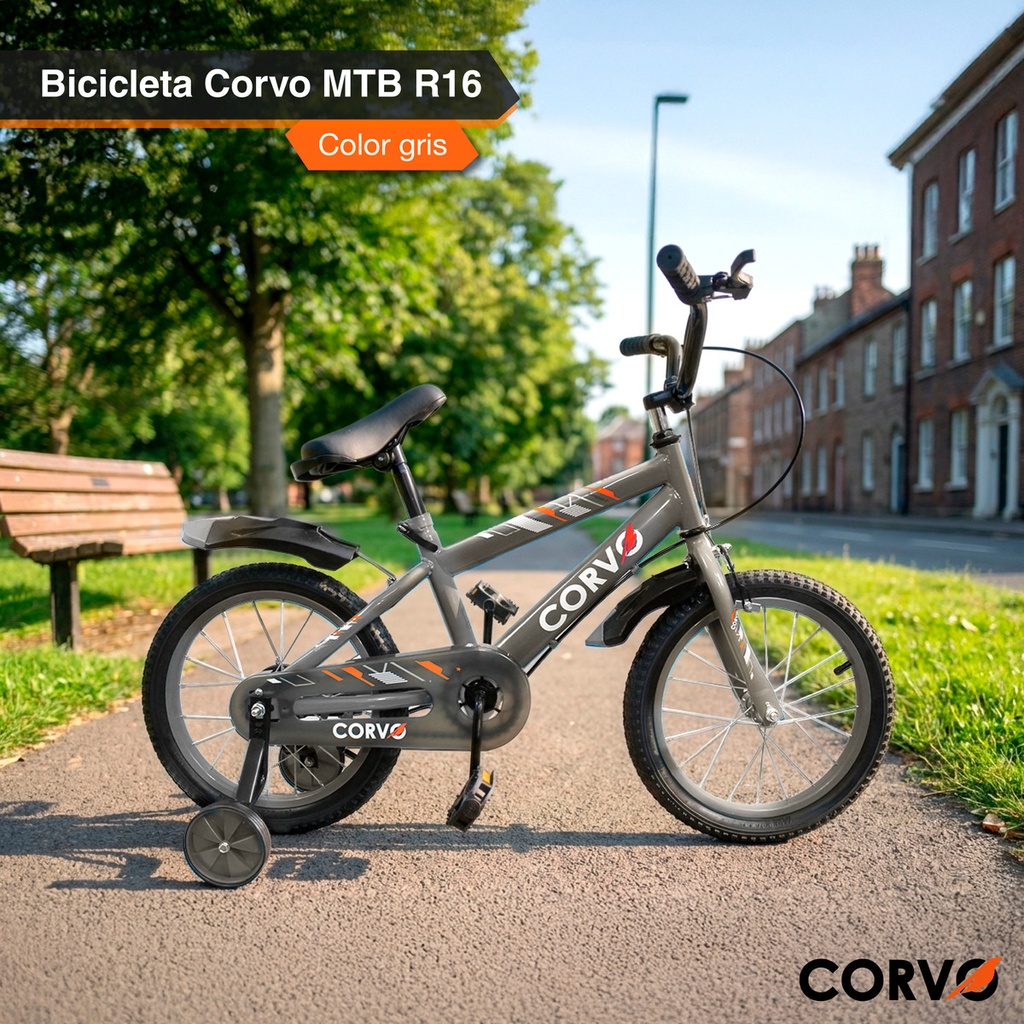 Bicicleta Infantil Corvo Rodado 16 de Acero color Gris C/ Rueditas