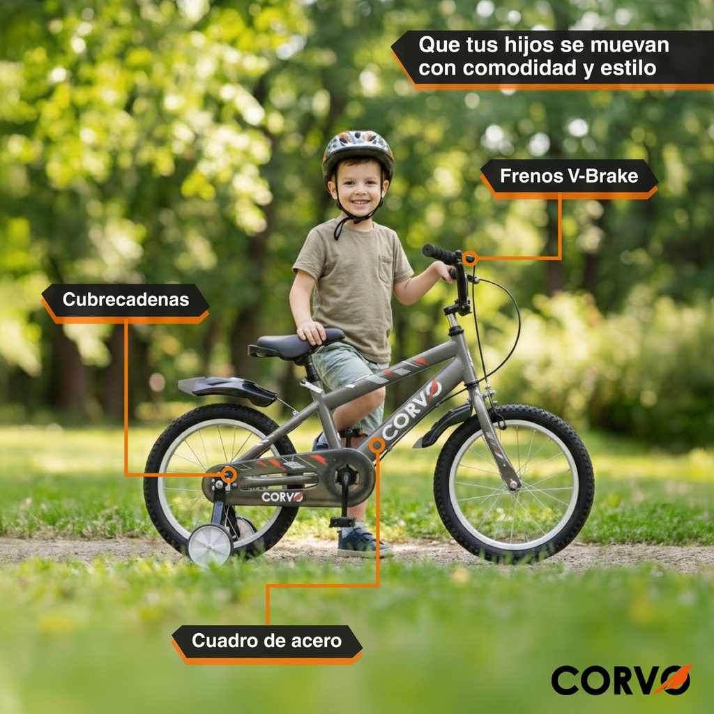 Bicicleta Infantil Corvo Rodado 16 de Acero color Gris C/ Rueditas